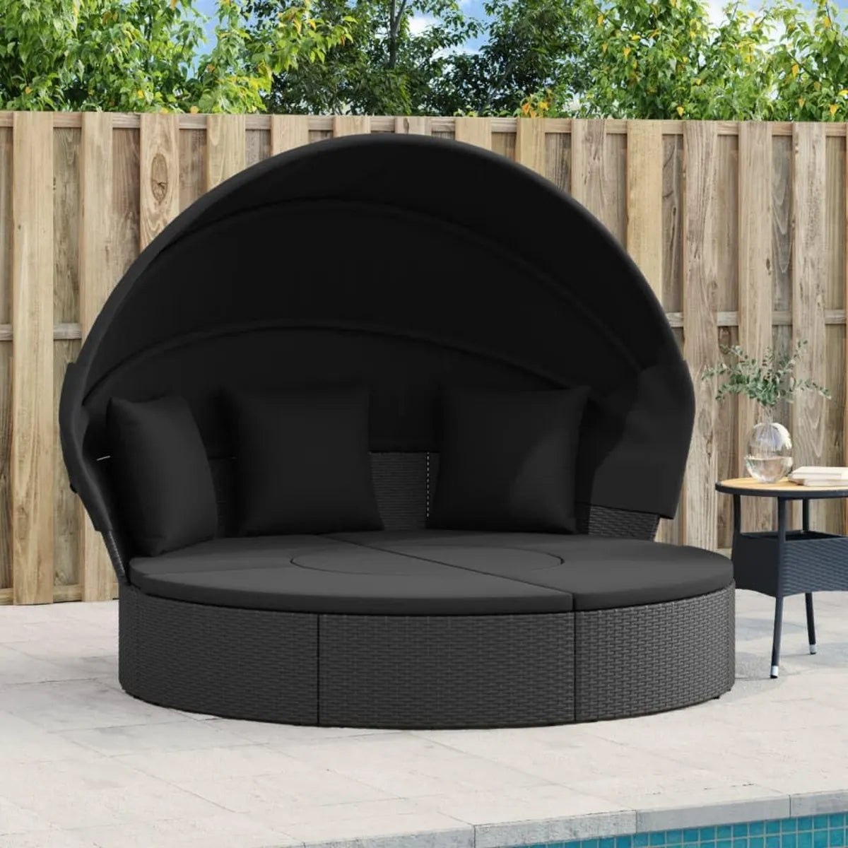 Lettino da Esterno in Polyrattan Nero, Resistente con Tetto e Cuscini