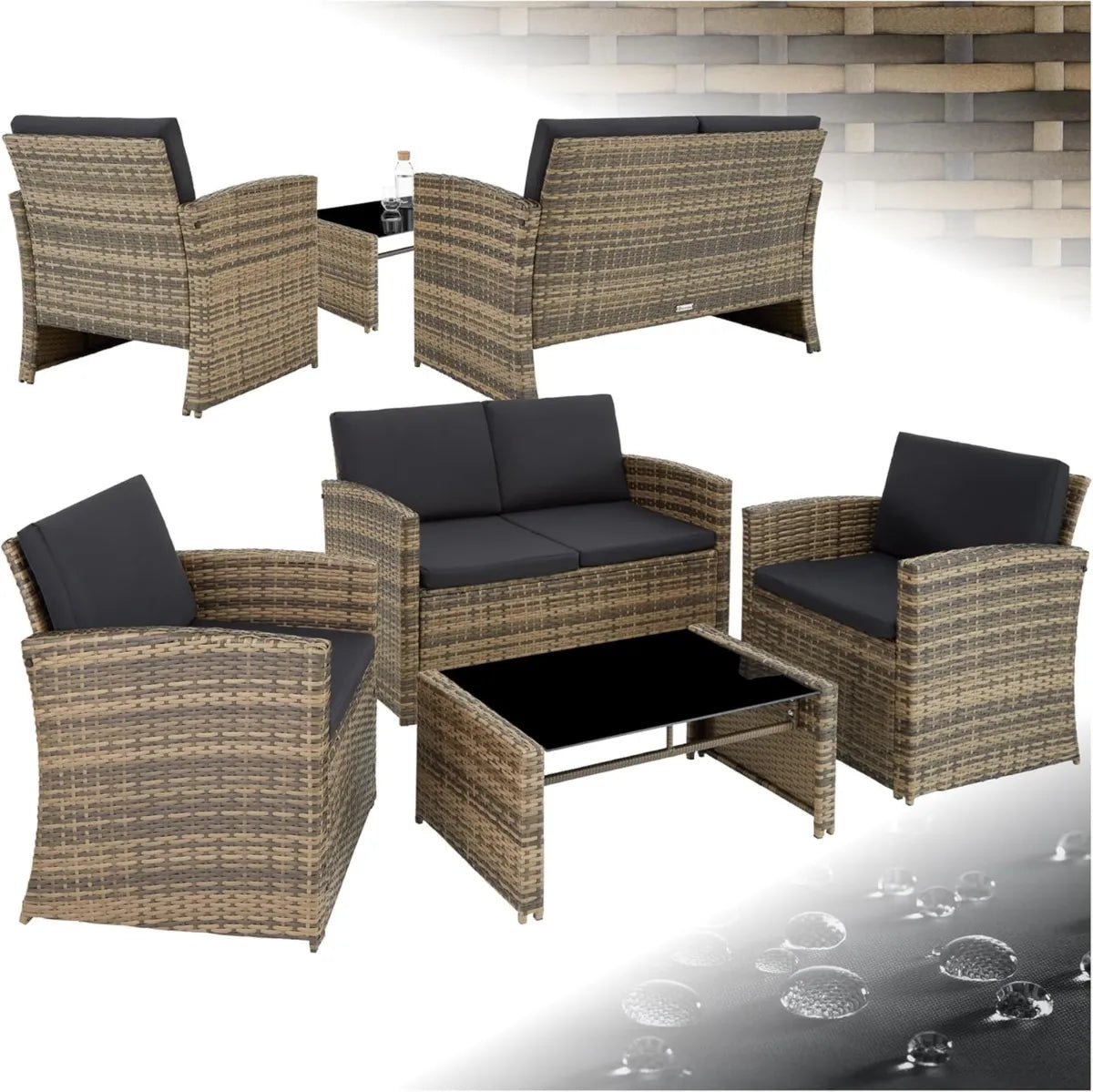 Set Salotto in Rattan da Giardino con Cuscini Comodi, 2 Poltrone, Divano e Tavolo in Vetro