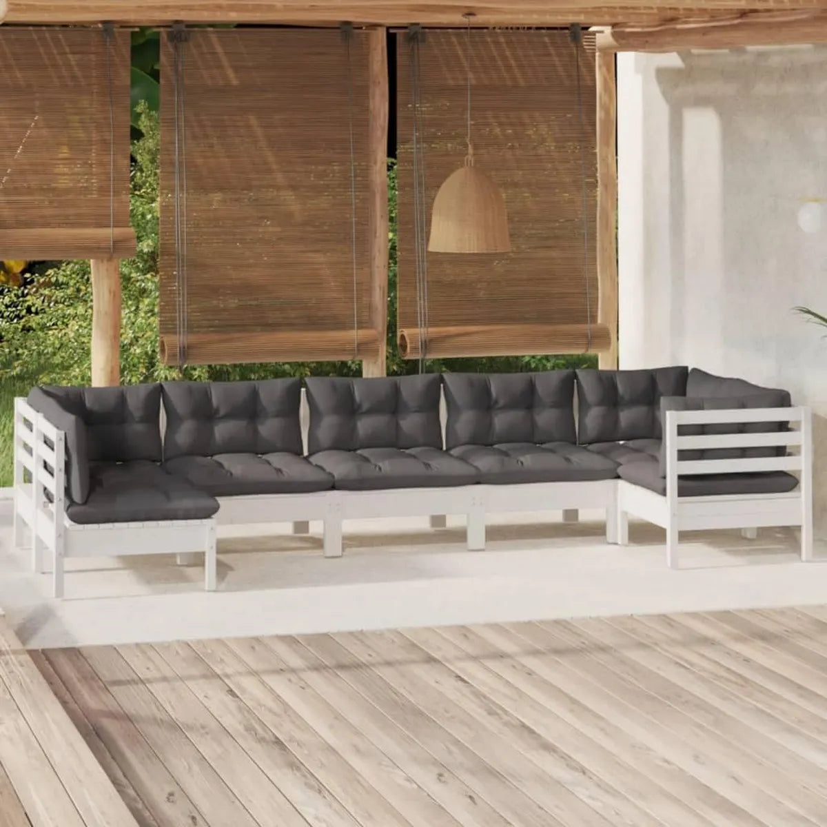 Set mobili da giardino 7 pezzi in legno di pino con cuscini, perfetti per esterni e balconi
