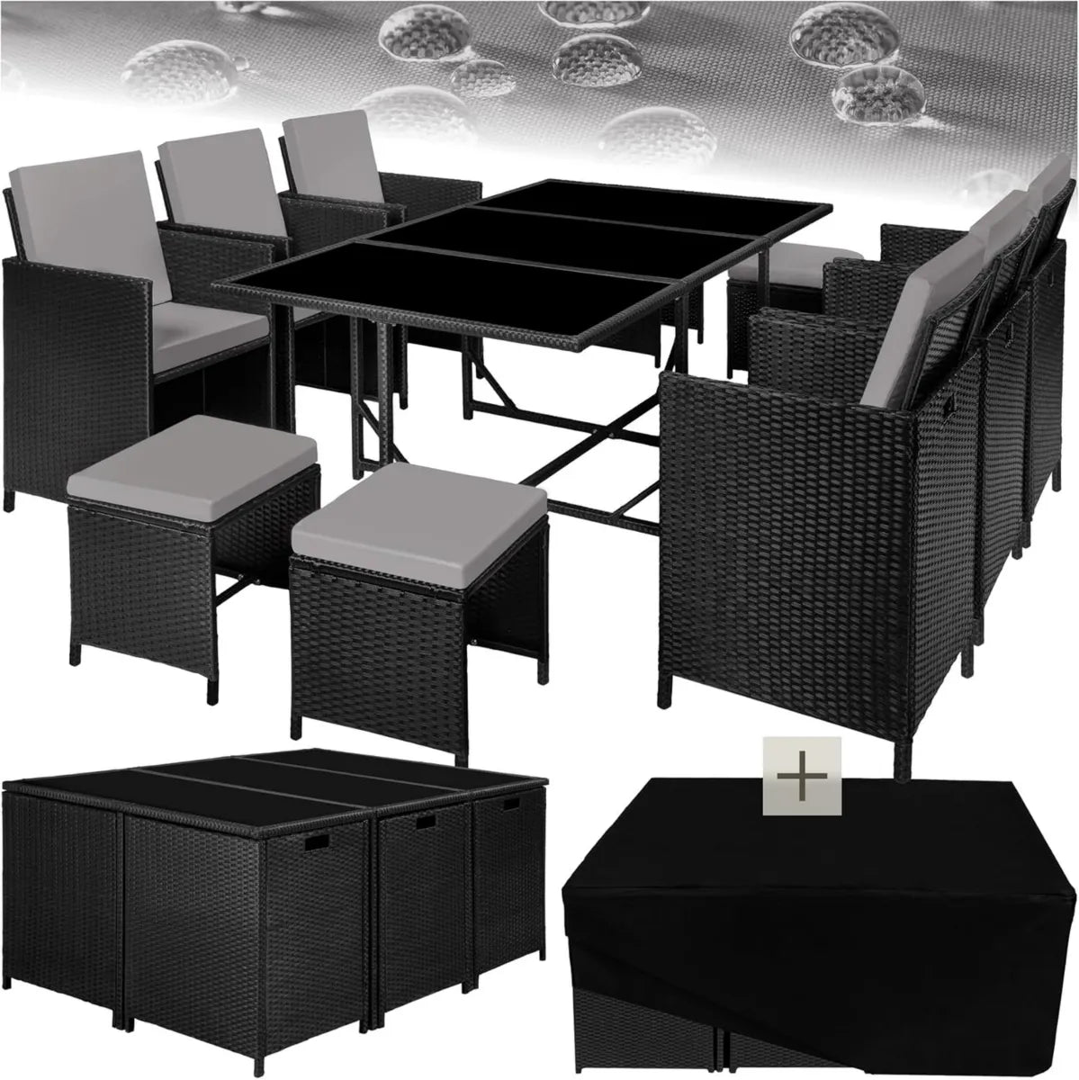 Set Mobili da Giardino in Poli Rattan con Tavolo in Vetro, Sedie e Sgabelli - Nero/Grigio