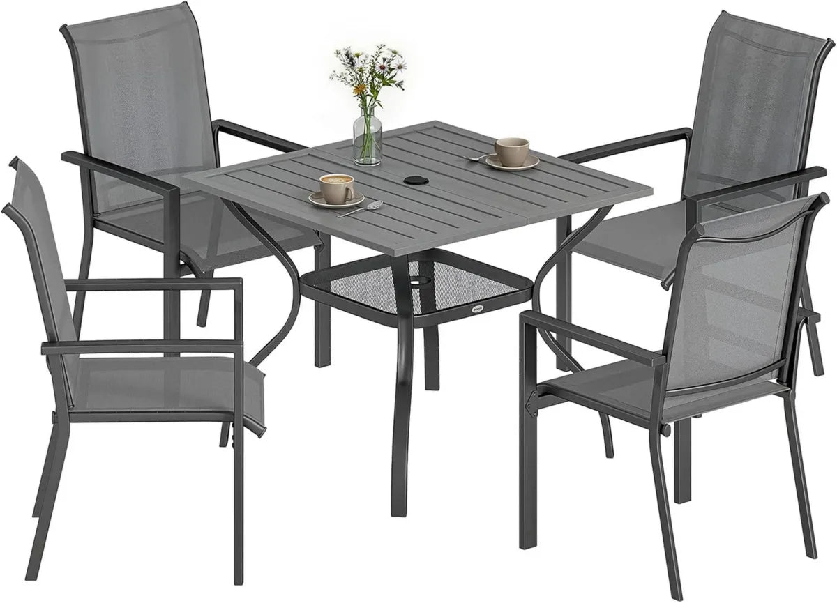 Set da Giardino Outsunny 5 Pezzi: Tavolo con Foro Ombrellone e 4 Sedie in Textilene, Struttura Acciaio, Grigio