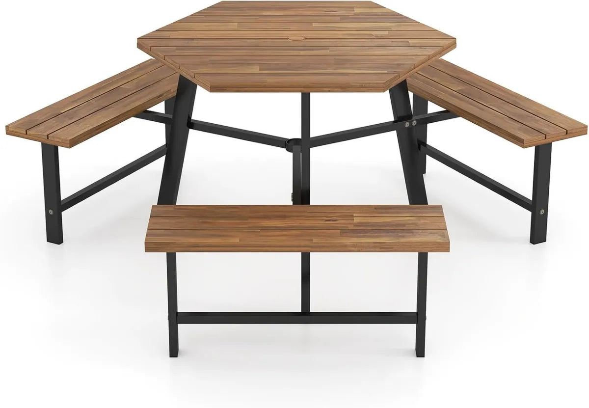 Set Tavolo da Picnic 6 Persone in Acacia con Ombrellone, Panche e Design Resistente