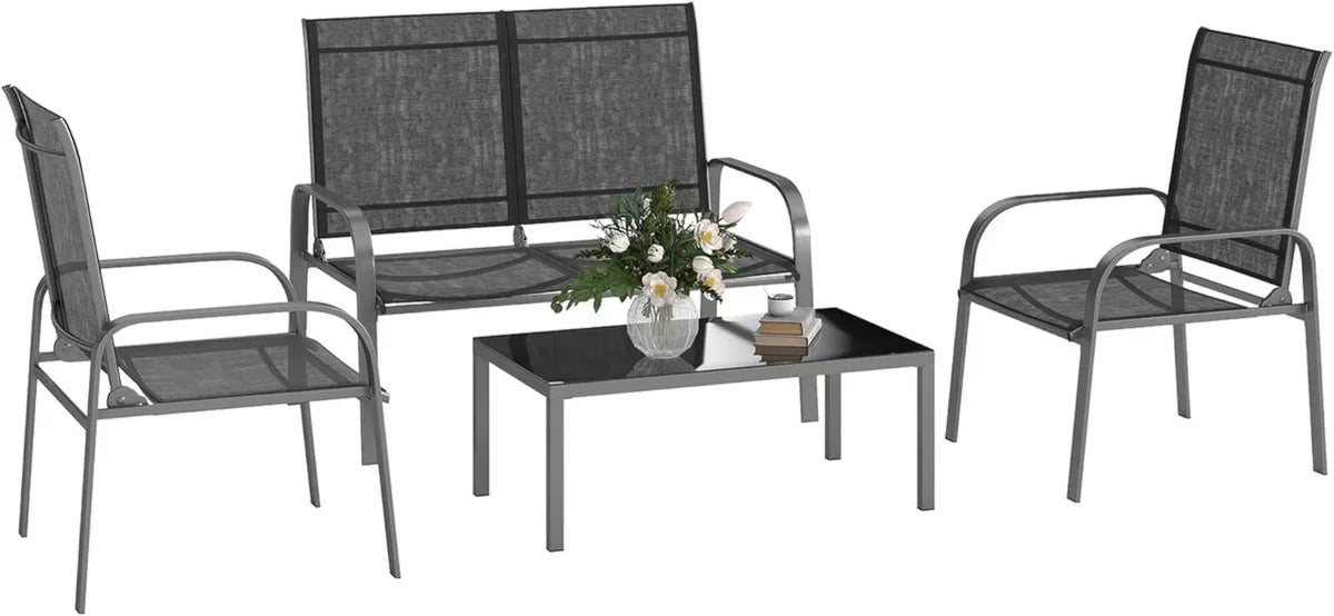 Set di Mobili da Giardino Outsunny 4 Pezzi, Divano 2 Posti Regolabile, 2 Poltrone e Tavolo in Vetro, Materiale Impermeabile in Acciaio e Textilene, Nero