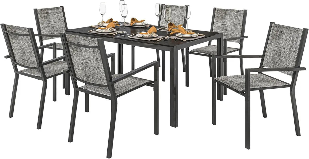 Set da Pranzo da Esterno 7 Pezzi con Tavolo e Sedie Impilabili in Acciaio Textilene