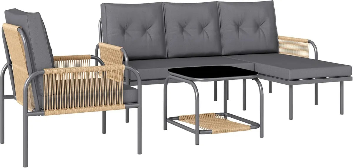 Set Mobili da Giardino in Rattan 4 Pezzi con Cuscini Lavabili, Divanetto e Tavolino, Grigio Scuro