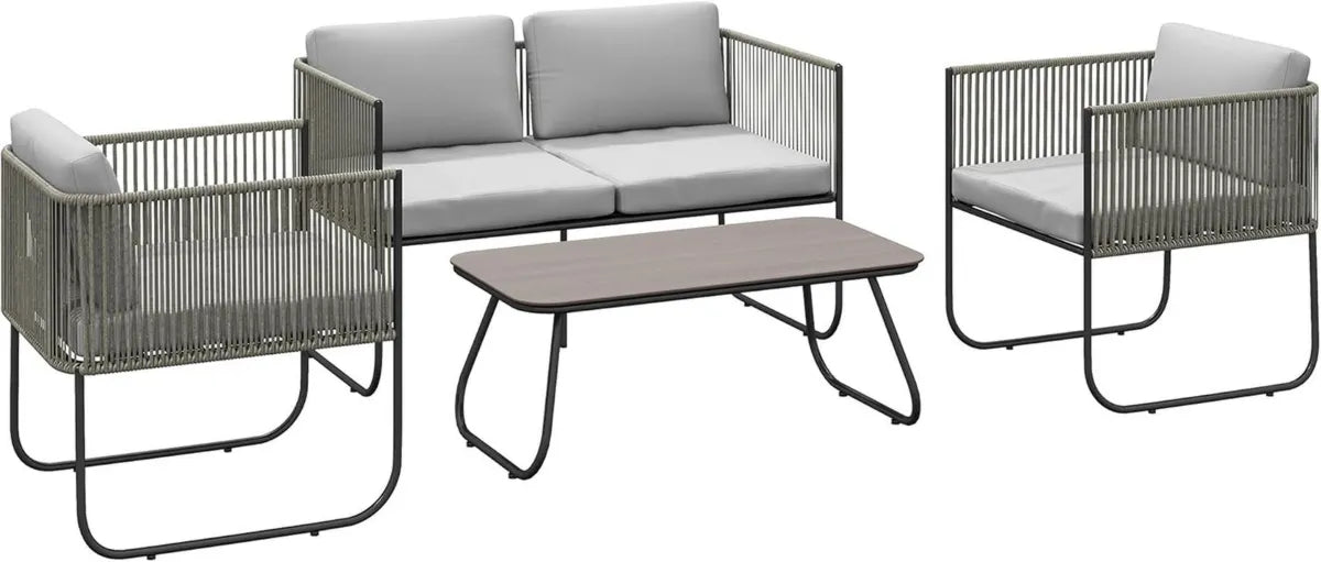 Set Salotto Esterno 4 Pezzi in Rattan con Cuscini Lavabili e Tavolo in Vetro