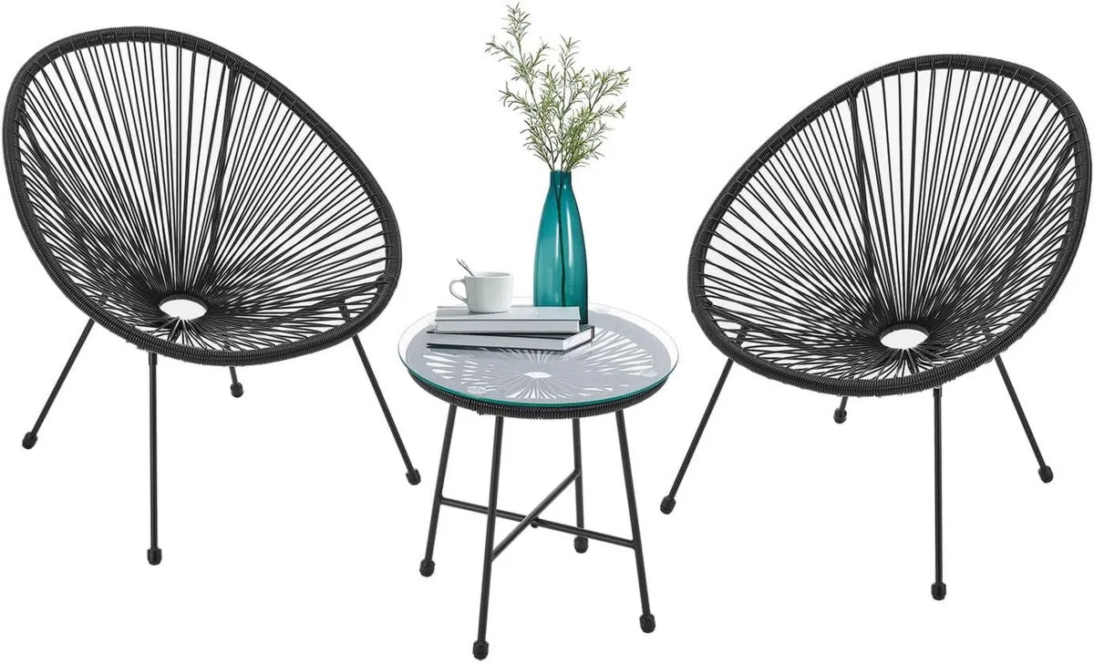 Set mobili balcone Ostana 3 pezzi - Tavolo con 2 sedie - Design elegante per esterni, terrazza e giardino - Arredo nero da giardino