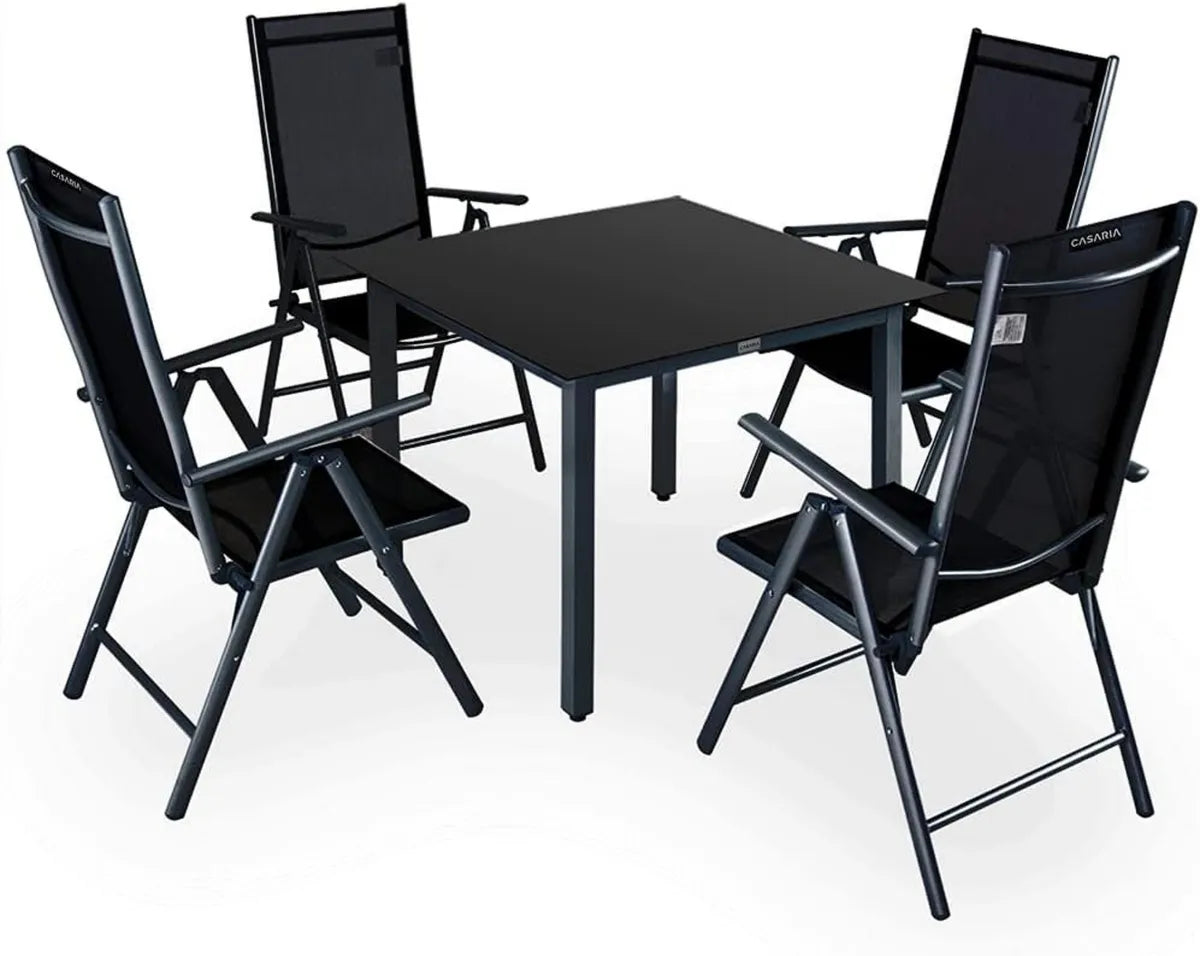Set Mobili da Giardino Bern in Alluminio: 4 Sedie Pieghevoli Regolabili con Schienale Alto e Tavolo Resistente