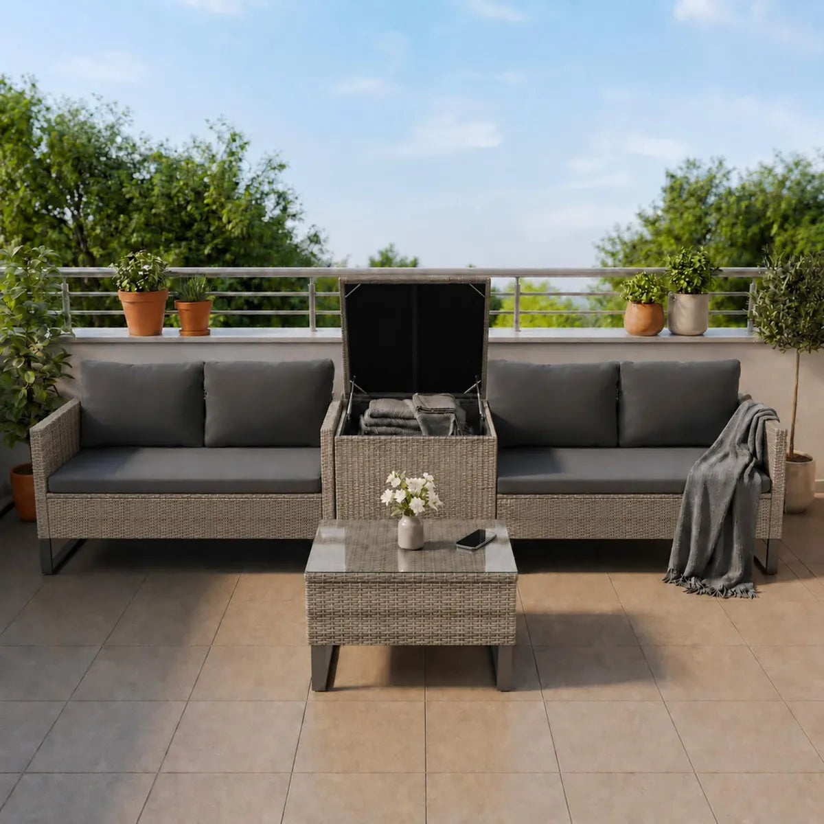Set Mobili da Giardino Santorini in Polyrattan con Tavolino e Copertura Protettiva - Grigio Mélange
