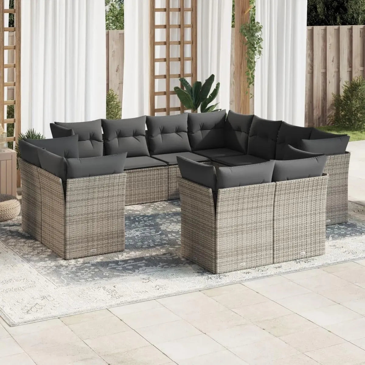 Set salotto da esterno in polyrattan grigio con cuscini e vano portaoggetti, resistente agli agenti atmosferici per terrazze e balconi