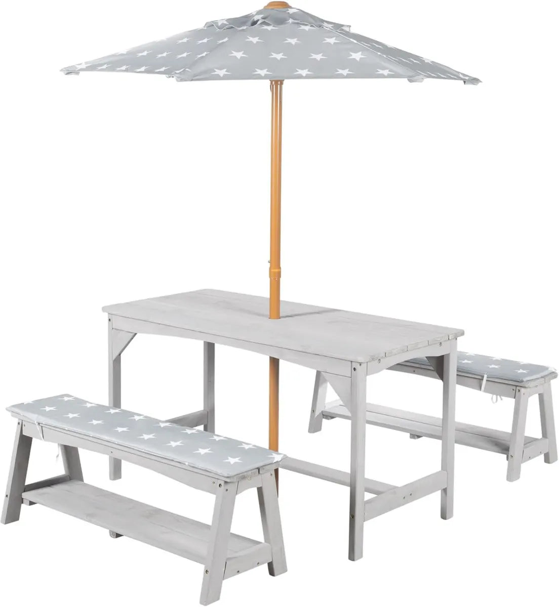 Set Tavolo da Picnic per Bambini con Ombrello e Cuscini - Resistente alle Intemperie - Design Stelle - Legno Grigio