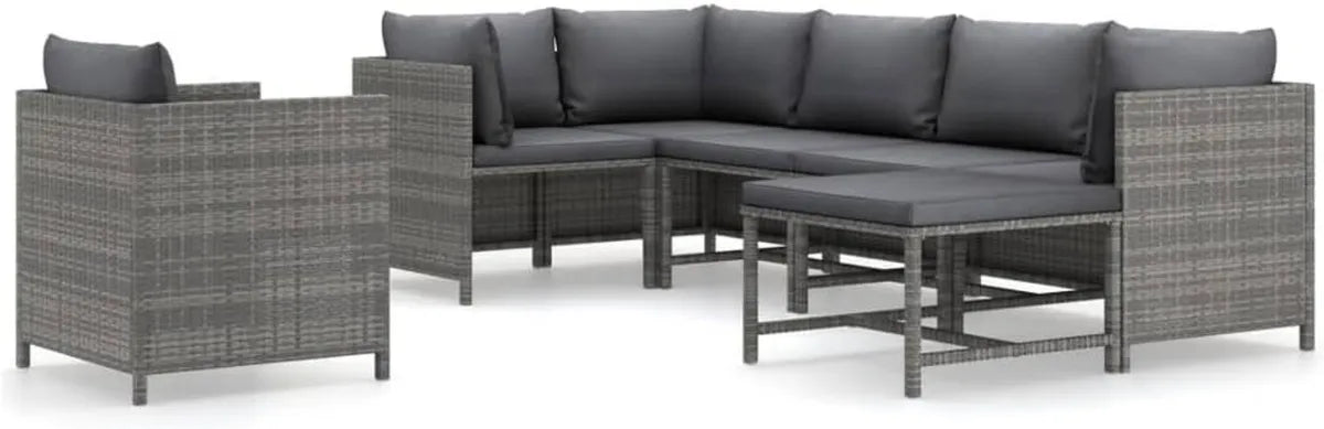 Set Arredo Giardino in Polyrattan con Cuscini Grigi per Terrazza e Balcone