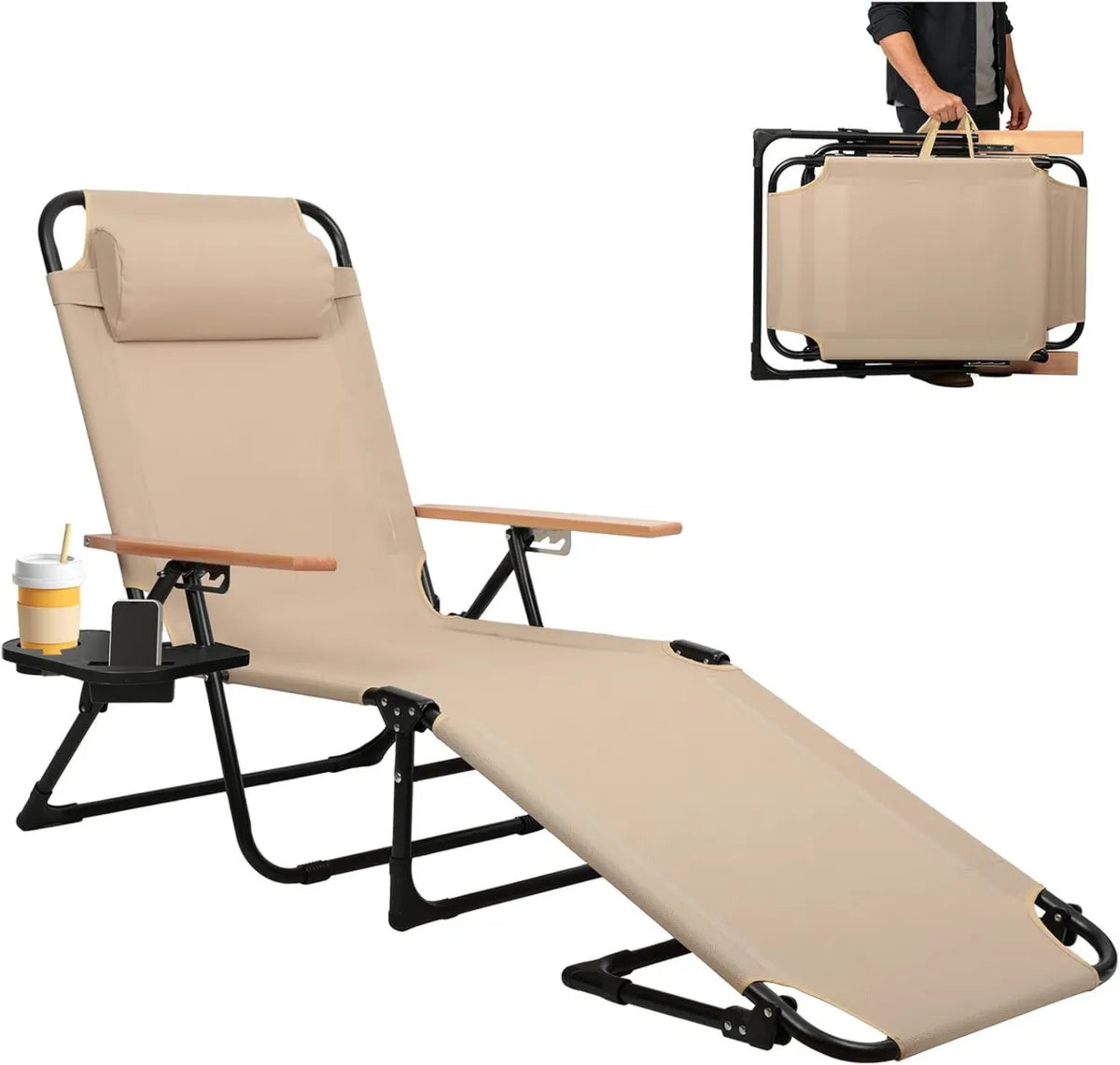 Sedia Sdraio Pieghevole con Braccioli in Legno, Regolabile 4 Posizioni, Portatile per Spiaggia, Balcone e Giardino, Colore Beige
