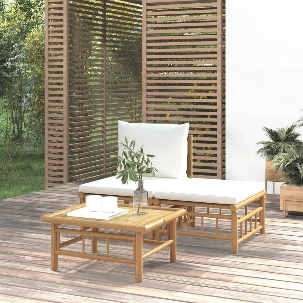 Set Mobili da Giardino in Bambù con Cuscini Crema, Divani Outdoor per Terrazza e Balcone