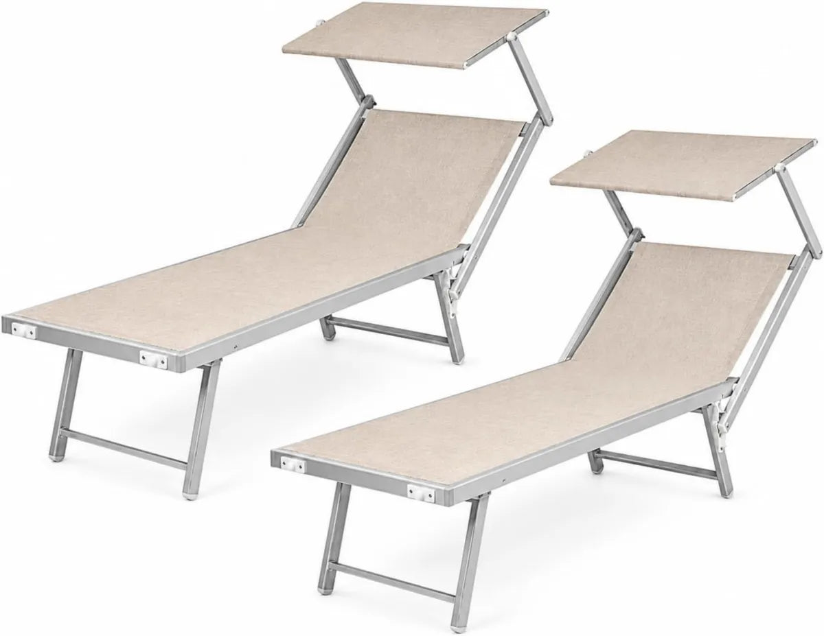 Lettini Prendisole in Alluminio con Schienale Regolabile e Tetto Parasole per Spiaggia e Piscina