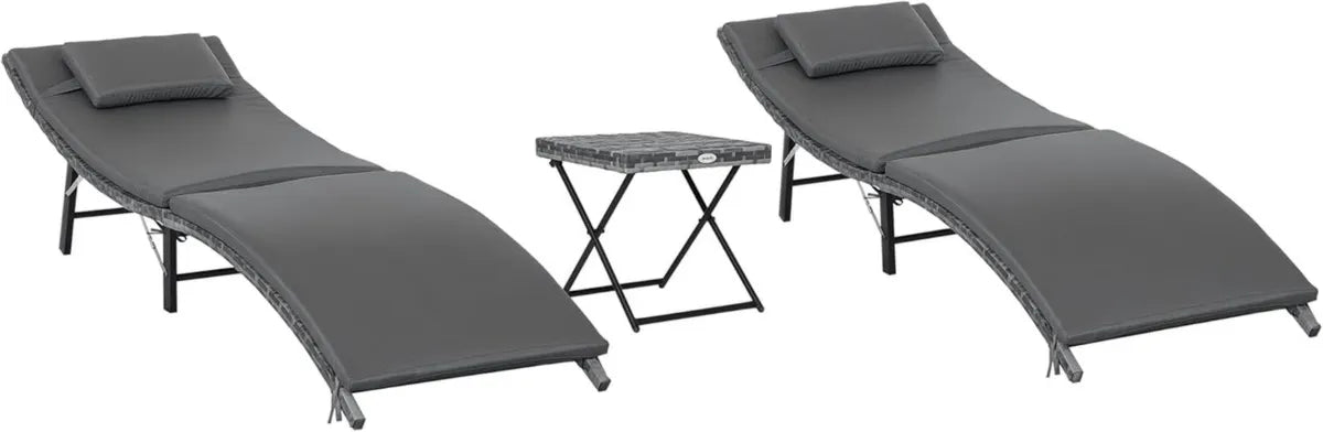 Set di 2 Lettini Prendisole in Rattan con Cuscini Lavabili e Tavolino, Grigio