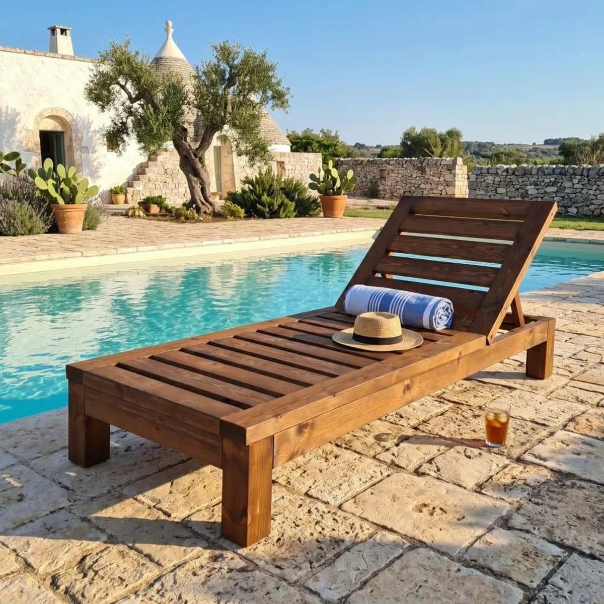 Lettino Prendisole Professionale in Legno di Pino Nordico con Schienale Regolabile, 200x73x30 cm, Finitura Castagno