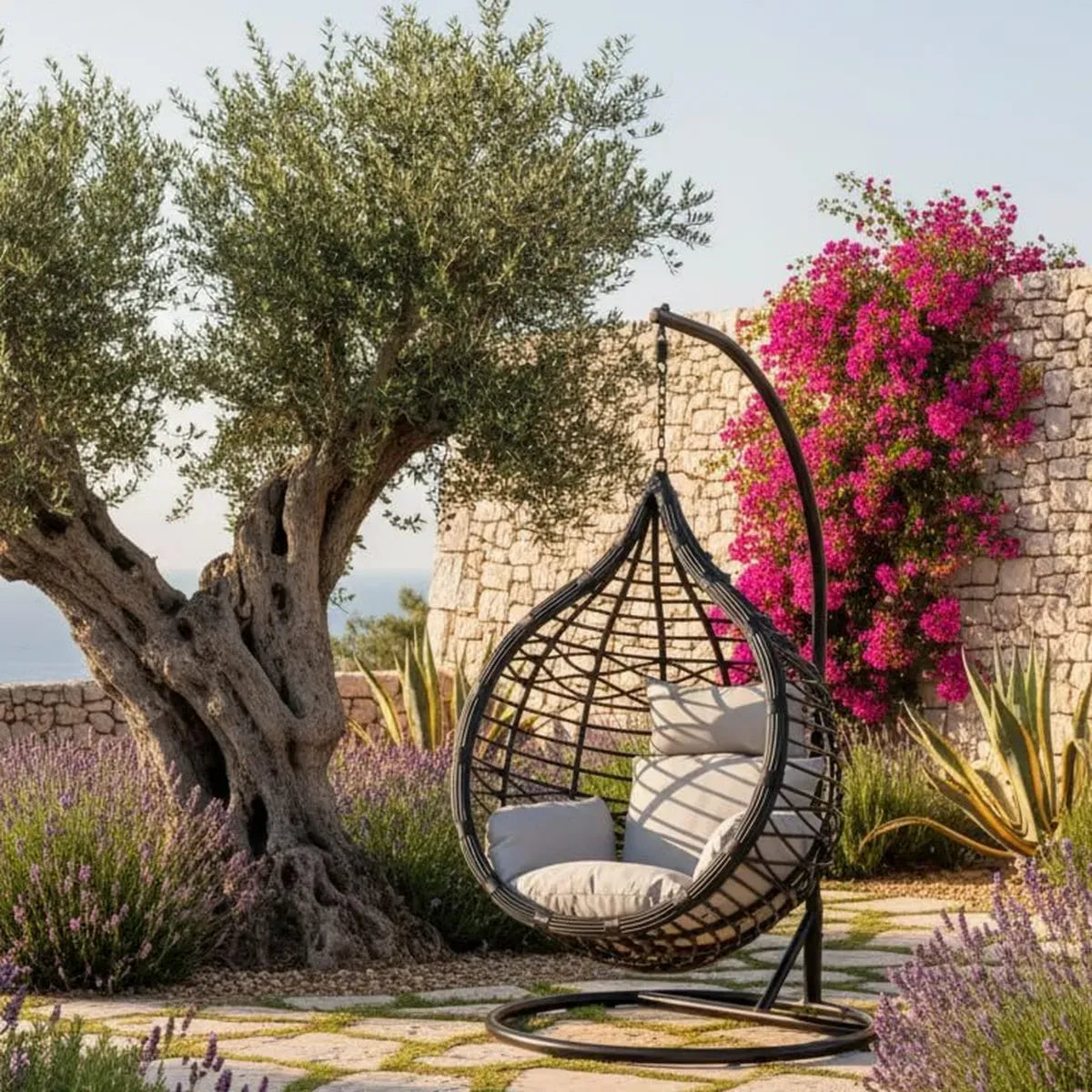 Poltrona Sospesa in Rattan con Cuscino per Giardino e Veranda - Modello Torres Nera