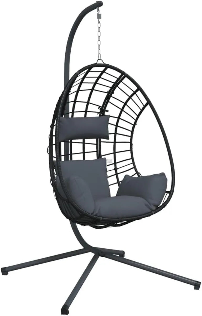 Sedia a uovo sospesa in rattan e acciaio, antracite, con cuscino rimovibile, ideale per giardino e terrazza