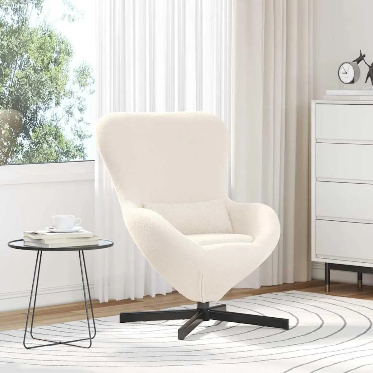 Poltrona moderna in tessuto crema con rotazione 360°, 63x73x90 cm