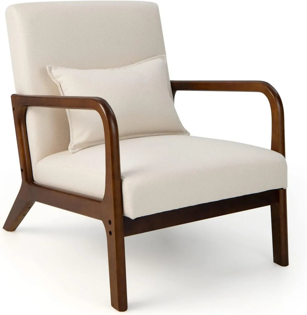 Poltrona Lounge in Legno con Braccioli, Design Moderno per Soggiorno e Camera da Letto, Rivestimento Beige, 65x79x77 cm