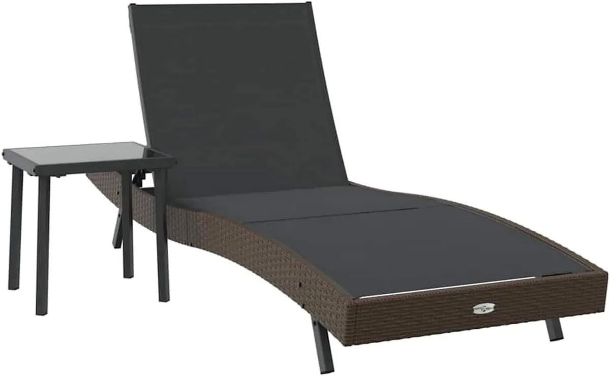 Set Lettini Prendisole in Polyrattan Nero e Marrone con Tavolino Regolabile