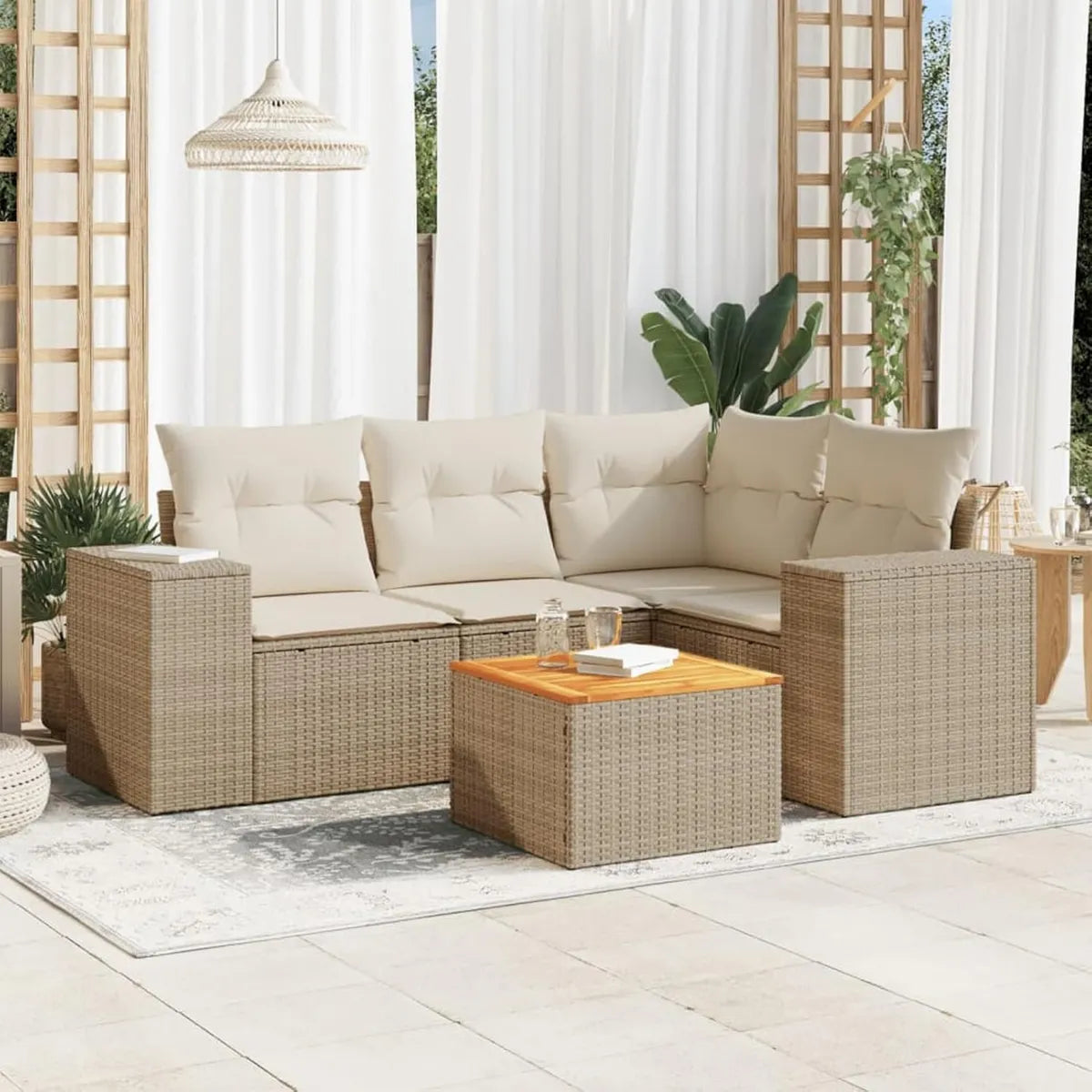 Set Divano da Giardino in Polyrattan con Cuscini Beige - 5 Pezzi