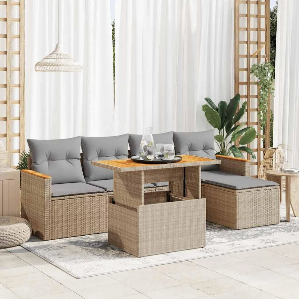 Set Salotto da Giardino 6 Pezzi in Polyrattan Beige con Cuscini