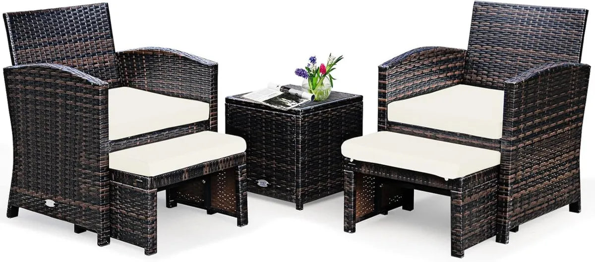 Set Salotto da Giardino in Rattan, 2 Poltrone con Poggiapiedi e Tavolino, Bianco