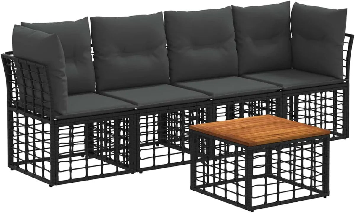 Set Divani da Giardino 5 Pezzi in Poliestere Nero e Grigio Scuro, Arredo Moderno con Gambe Regolabili