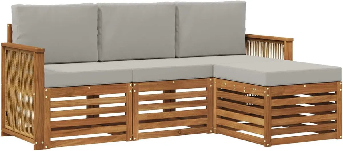 Set Divani da Esterno 4 Pezzi in Rattan Naturale e Grigio Chiaro, Lounge da Giardino Moderna