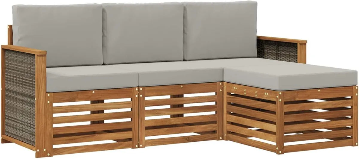 Set Divani da Giardino 4 Pezzi in Rattan Naturale e Grigio Chiaro, Salotto Moderno per Esterni