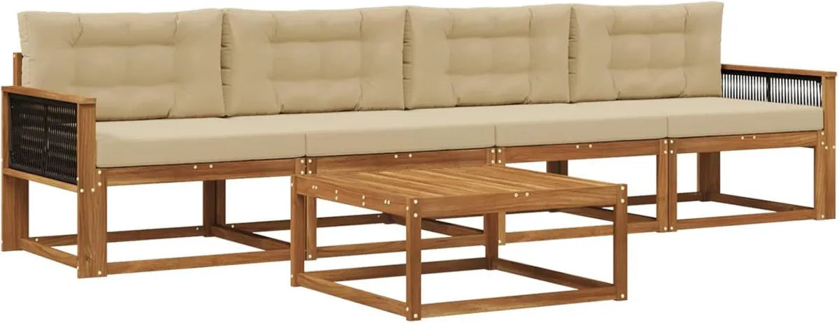 Set Divani da Giardino in Rattan con Cuscini, 5 Pezzi, Colore Naturale e Beige, Mobili Modulari per Patio