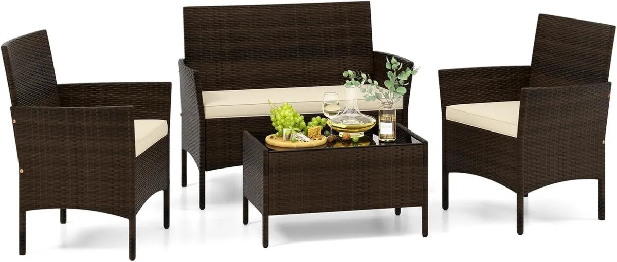 Set Salotto Giardino Rattan 4 Pezzi con Cuscini, Mobili Esterno Vimini con Tavolo Vetro