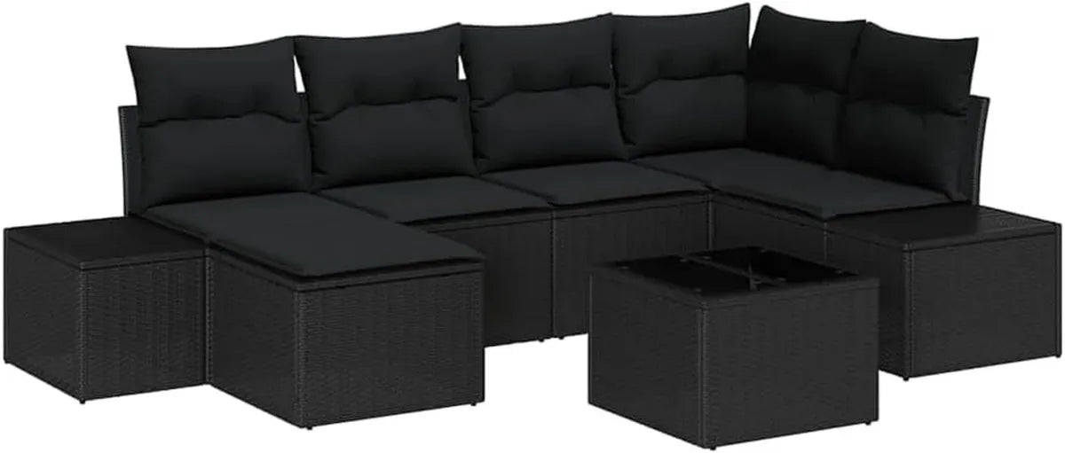 Set Divano da Giardino in Polyrattan Nero con Cuscini, 7 Pezzi, Resistente alle Intemperie