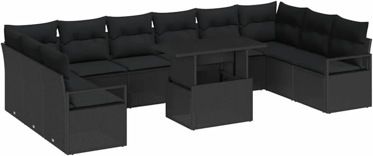 Set Divano Modulare da Giardino in Polyrattan Nero con Cuscini, 11 Pezzi, Resistente ai Raggi UV