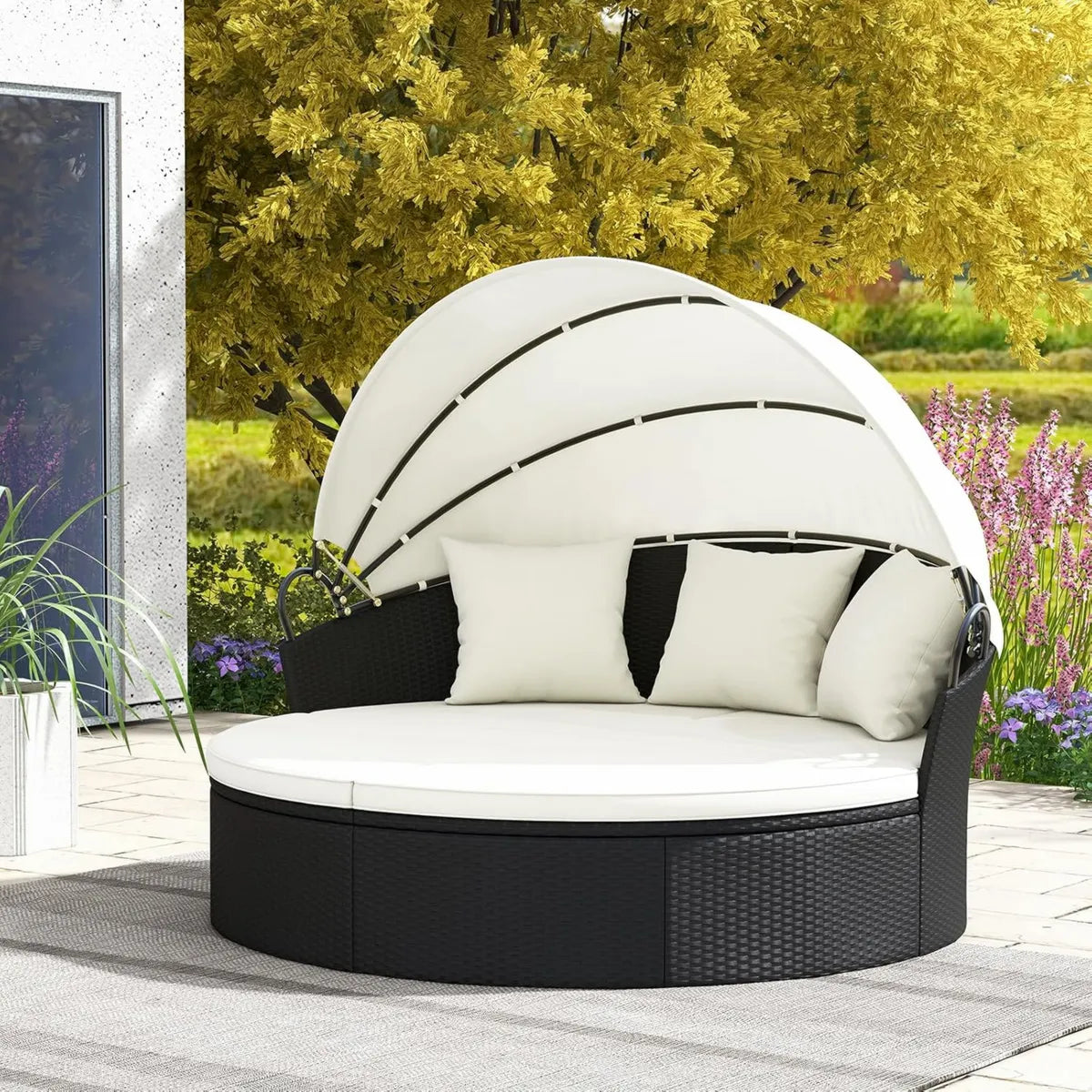 Elegante Lettino Prendisole in Rattan con Tettuccio Reclinabile, Set Rotondo ø187 cm per Terrazzo, 2-3 Persone, Bianco