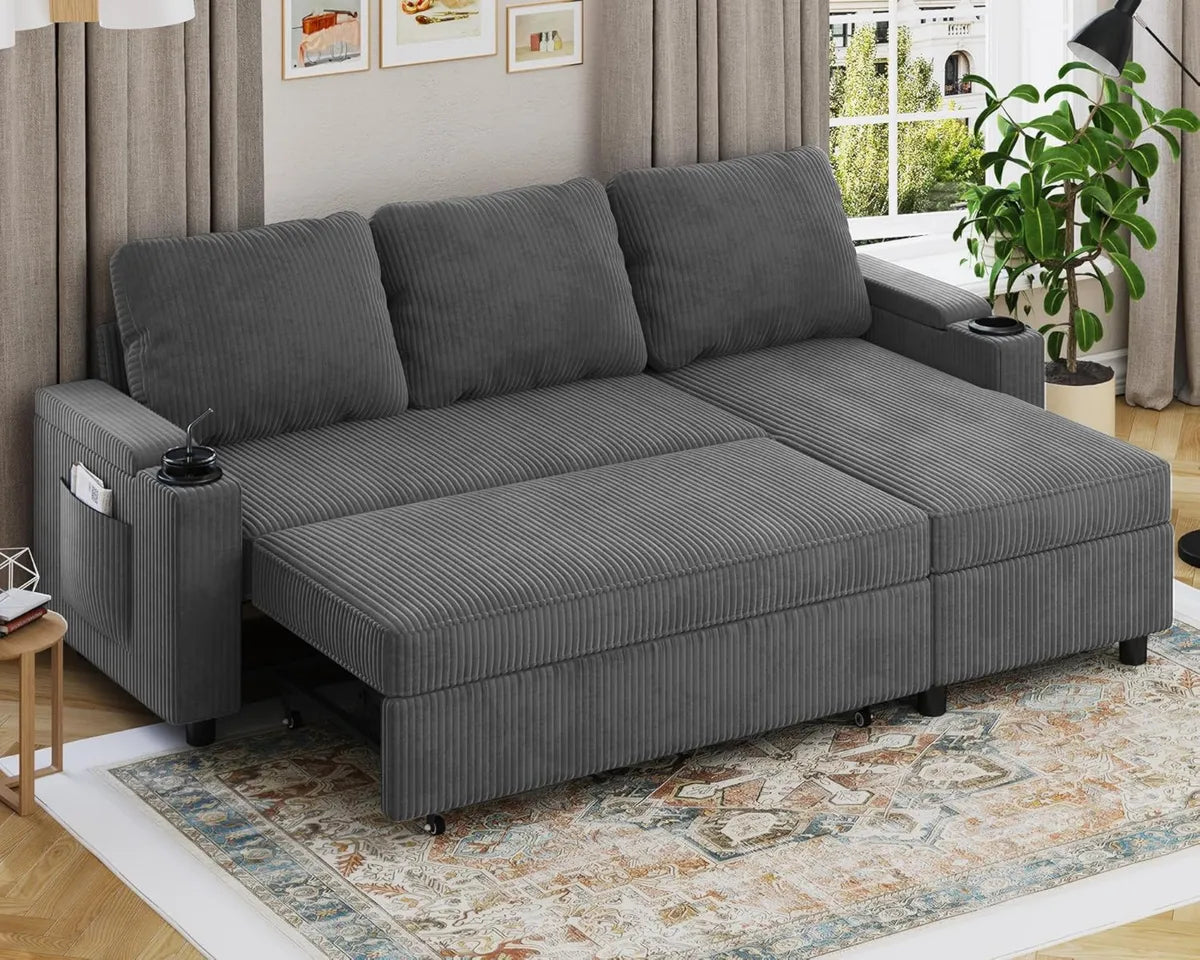 Divano Letto Angolare a 3 Posti con Chaise Longue, Contenitore e Portabicchieri, Tessuto Premium Beige e Grigio