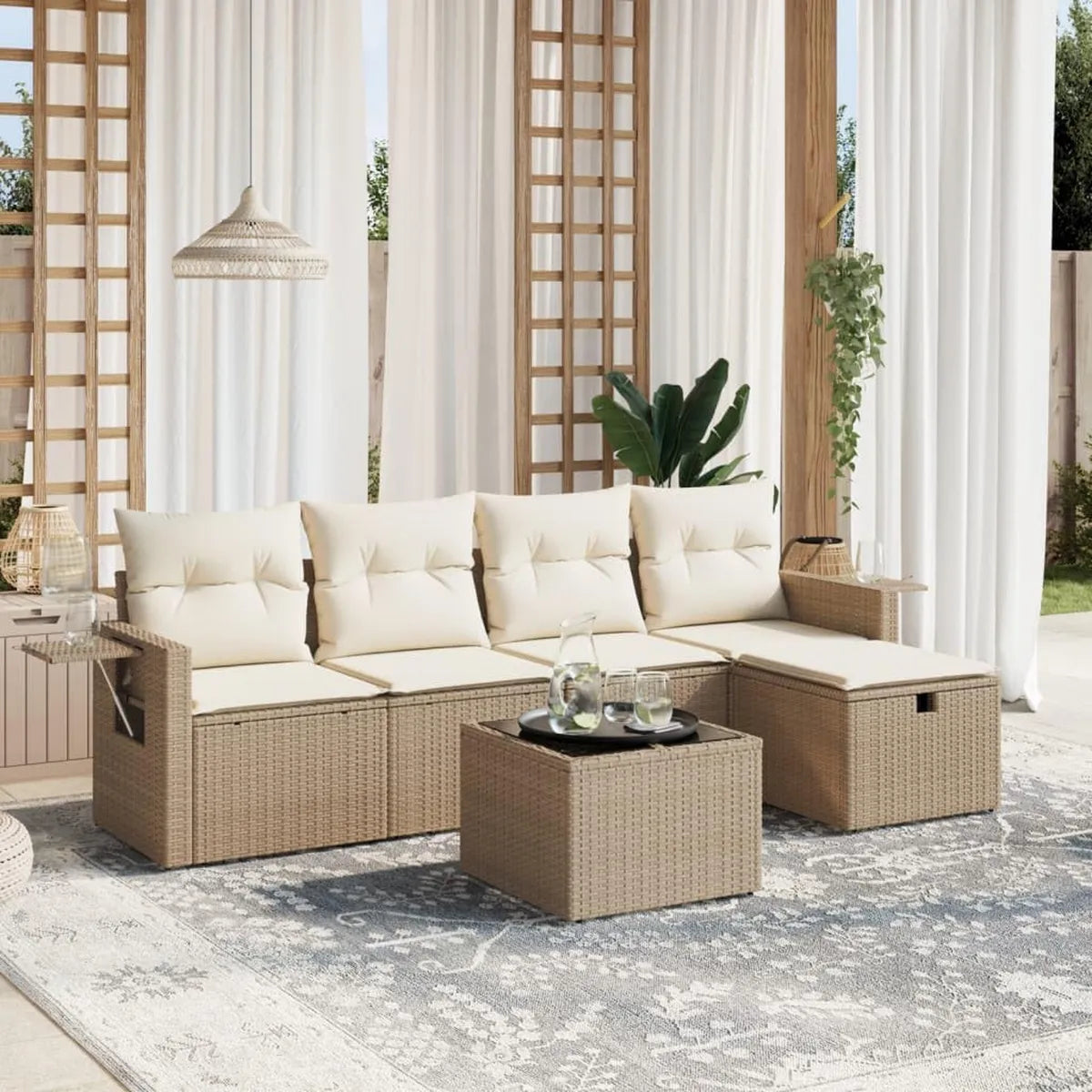 Set Salotto da Giardino 6 Pezzi in Polyrattan con Cuscini Beige per Esterni
