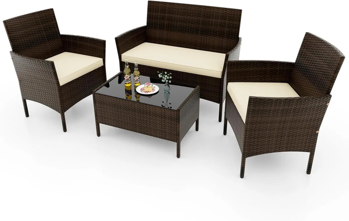 Set Mobili da Giardino in Rattan per 4 Persone con Cuscini, Divano, Poltrone e Tavolino in Vetro