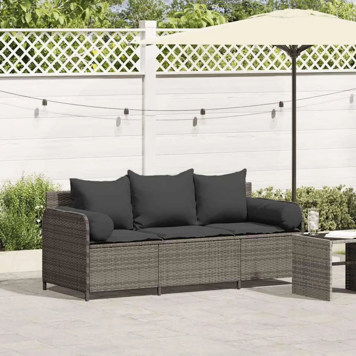 Divano da Giardino 3 Posti in Polyrattan con Cuscini, Grigio