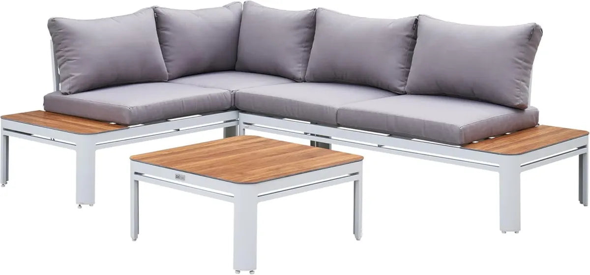 Divano Angolare da Esterno AXI Eos con Lettino, Finitura Legno e Bianco, in Alluminio e Polywood, per 4 Persone