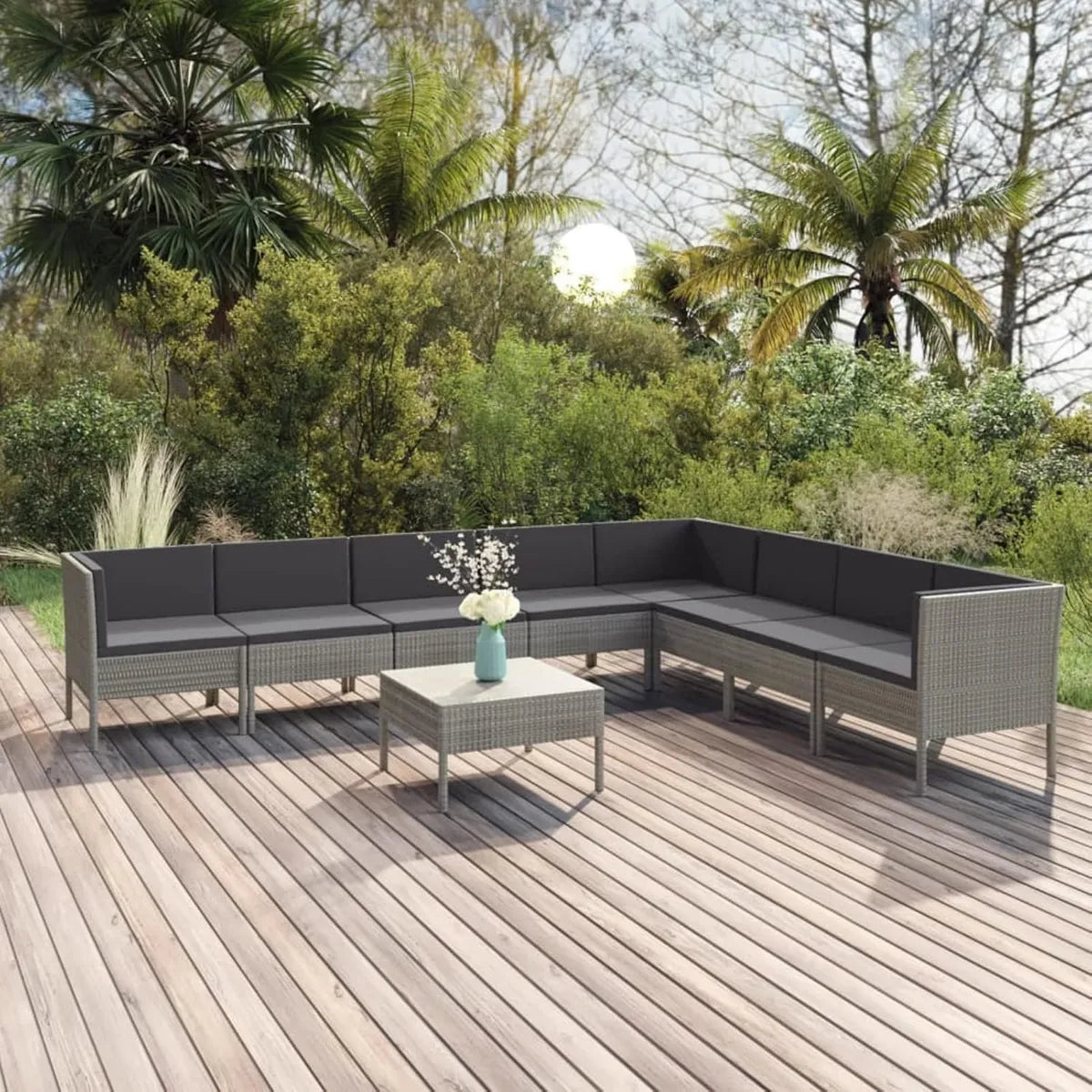 Set Salotto da Giardino in Polyrattan Grigio, 9 Pezzi, Divano Modulare con Tavolo, per Esterni e Terrazze