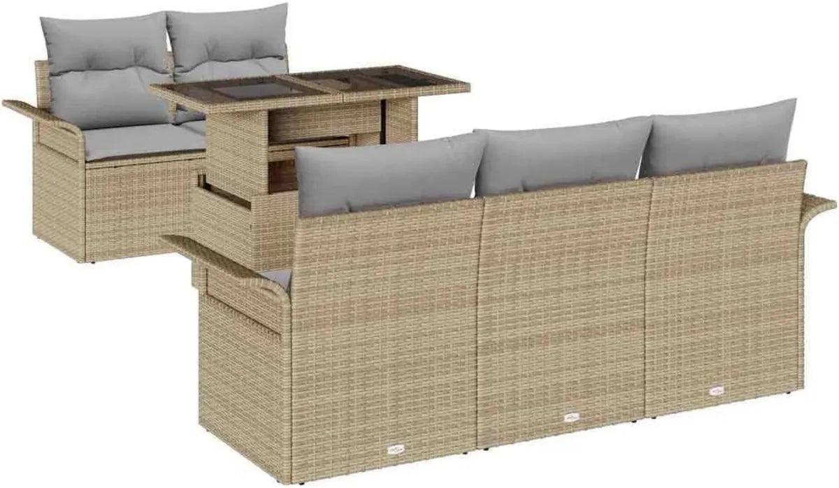 Set Divano da Giardino in Polyrattan Beige 6 Pezzi con Cuscini, Modulare e Resistente ai Raggi UV, Ideale per Esterni