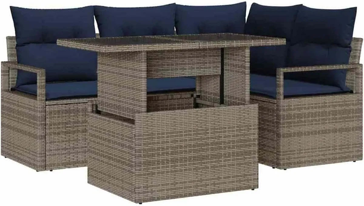 Set Divano da Giardino in Polyrattan Grigio e Blu, 5 Pezzi, Componibile e Resistente