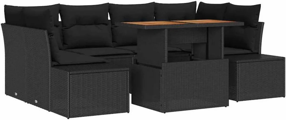 Set Pranzo Giardino in Rattan con Cuscini 7 Pezzi Nero e Marrone, Mobili da Esterno Moderni