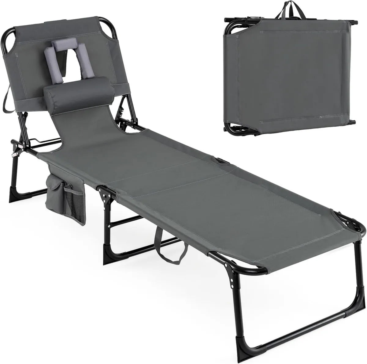 Lettino Prendisole Pieghevole con Foro per Viso, Sacca Portatile e Cuscino, Schienale Regolabile a 4 Posizioni, Capacità 150 kg (Grigio)