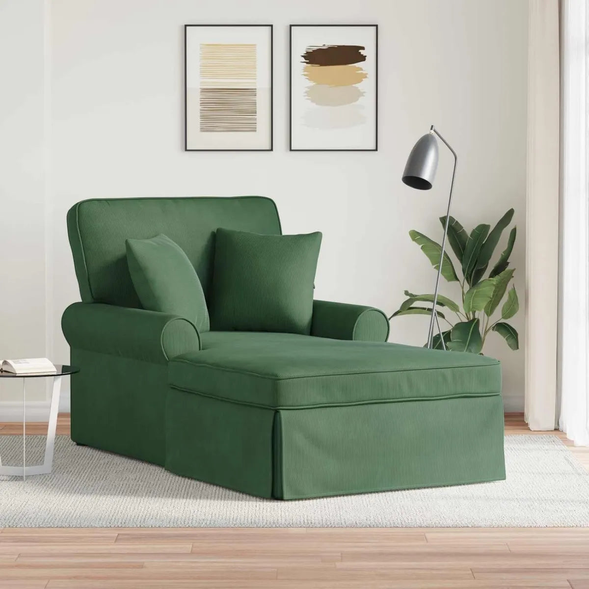 Divano moderno con gonna, velluto verde, cuscini staccabili, set da 3 pezzi