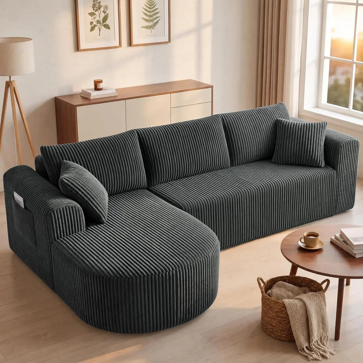 Divano Angolare Modulare in Velluto a Coste con Letto e Chaise Longue, 243 cm