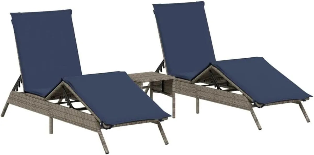 Sdraio in Rattan Sintetico con Tavolo e Cuscini Regolabili, Set 2 Pezzi, Telaio in Acciaio Grigio
